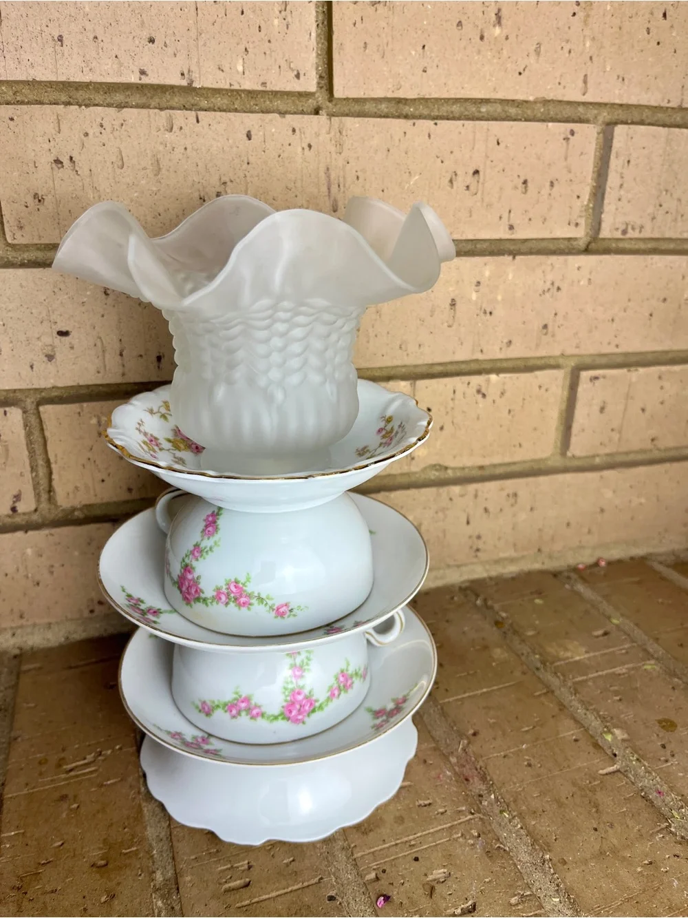 White and Pink Floral Teacup Candle Holder Stack